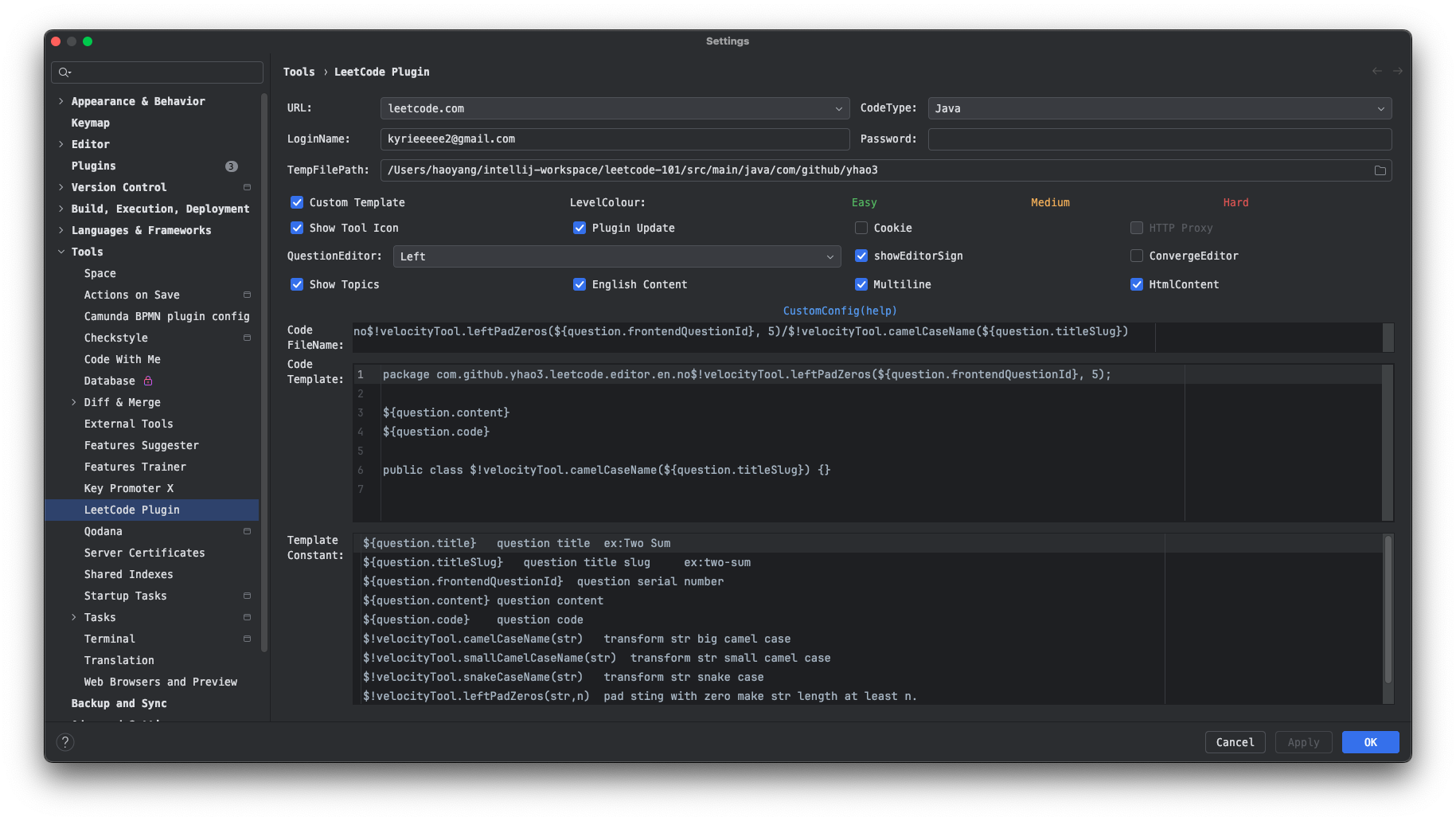 LeetCode plugin configuration