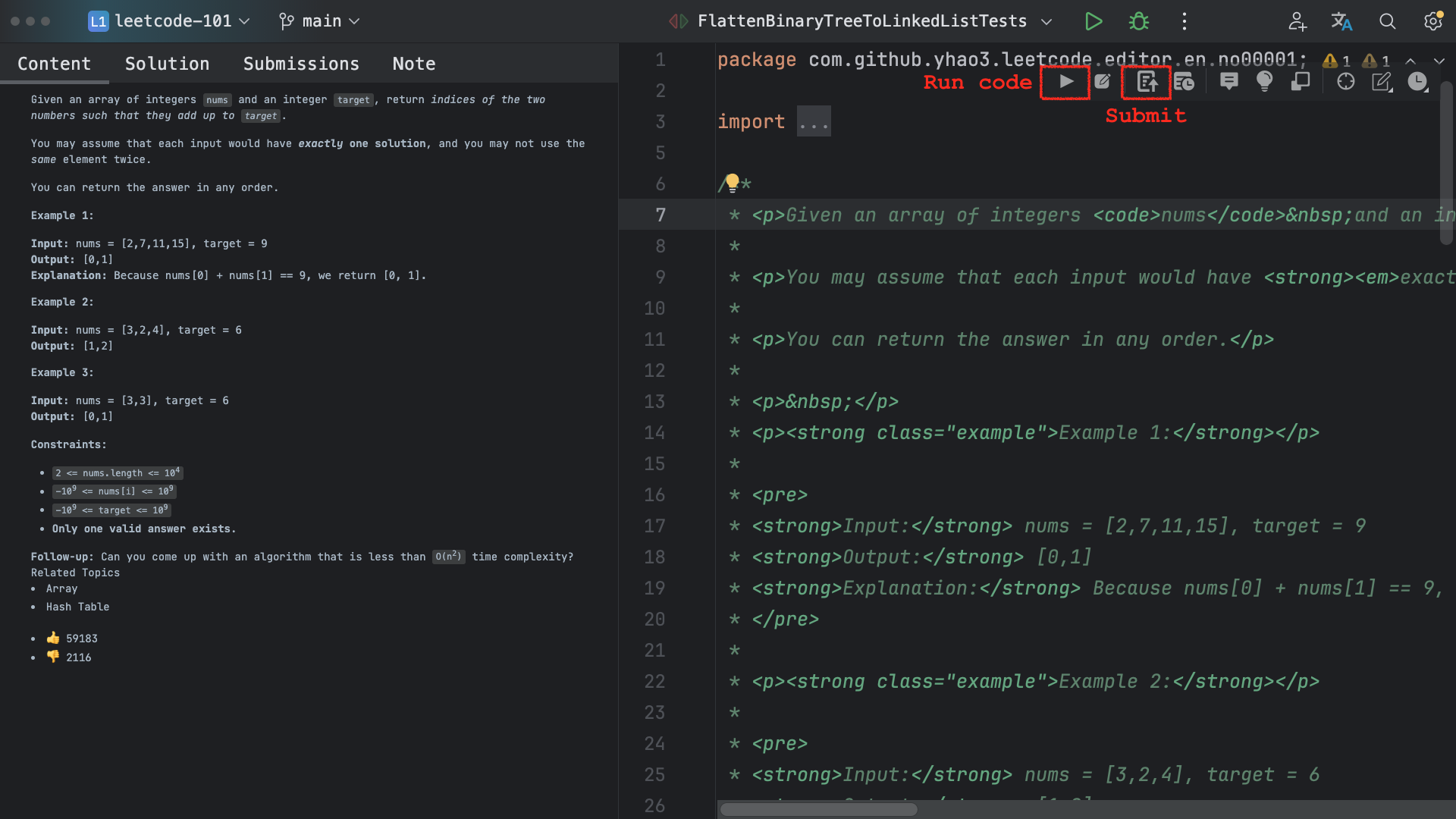 Run and submit buttons